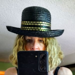 Navy blue with gold rim womens straw hat